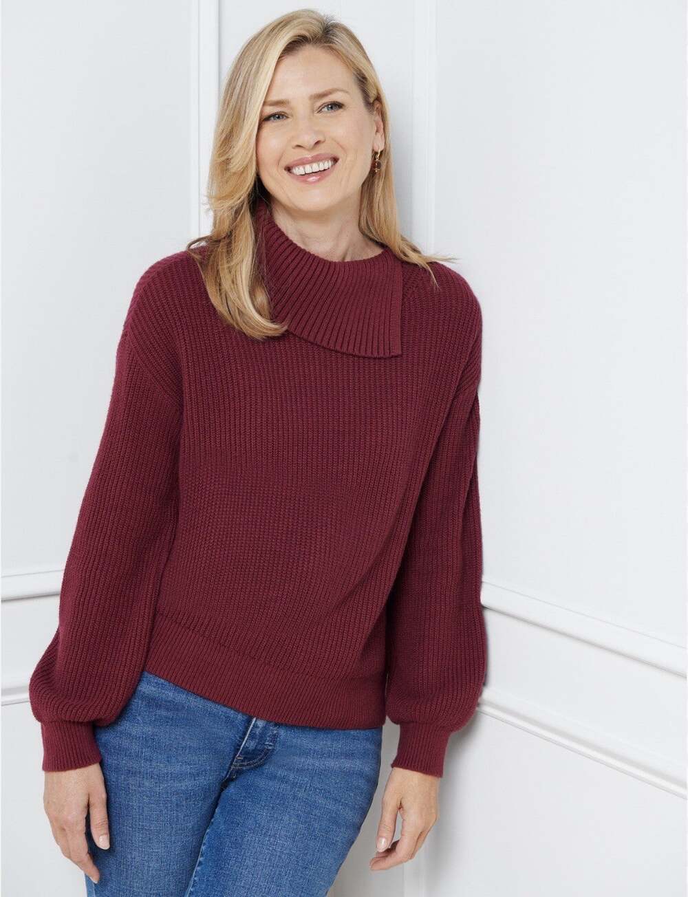Talbots Shaker Stitch Sweater XL Burgundy Chunky Knit Split Neck Balloon Sleeve